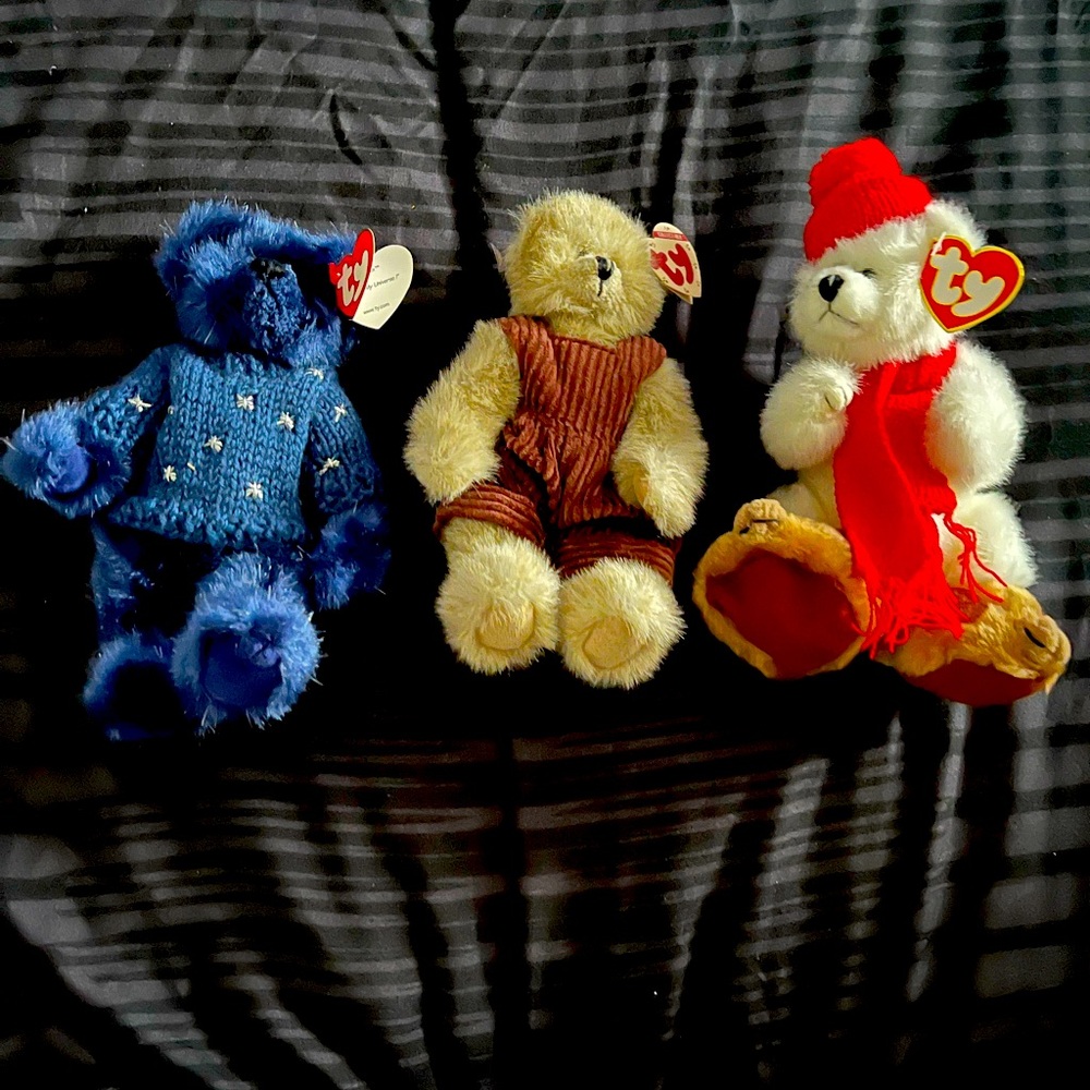 3 vintages collectib TY bears blue white light brown